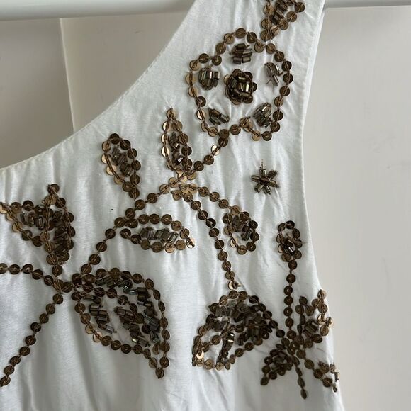 EUC ANTHROPOLOGIE LEIFNOTES white Eyelet Gold Beaded Swing Dress Sz 4 - Picture 5 of 12
